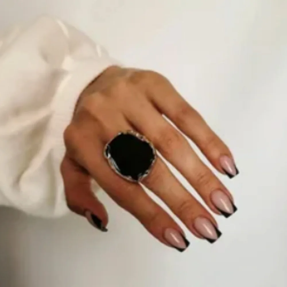 Silver Plated Uniquely Shaped Edge Black Oil drip Statement Ring